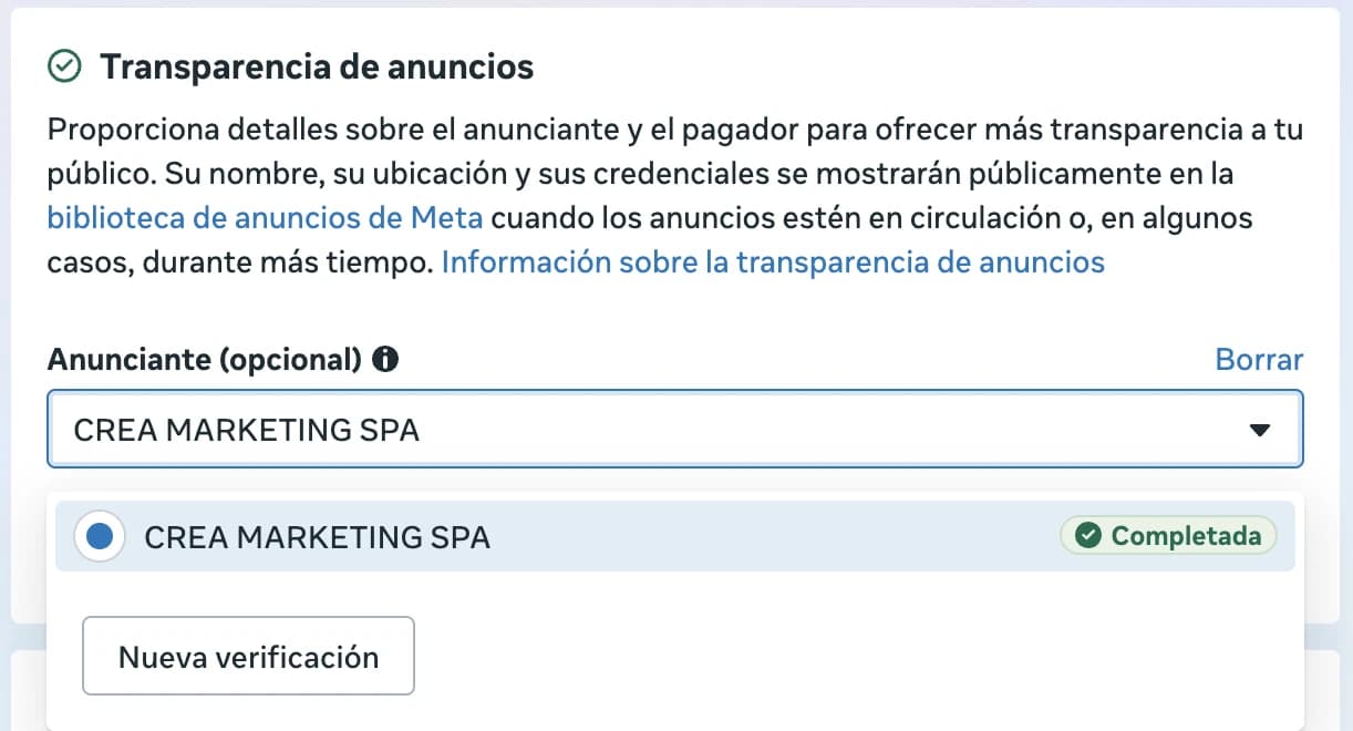 Verificación de anunciante en Meta